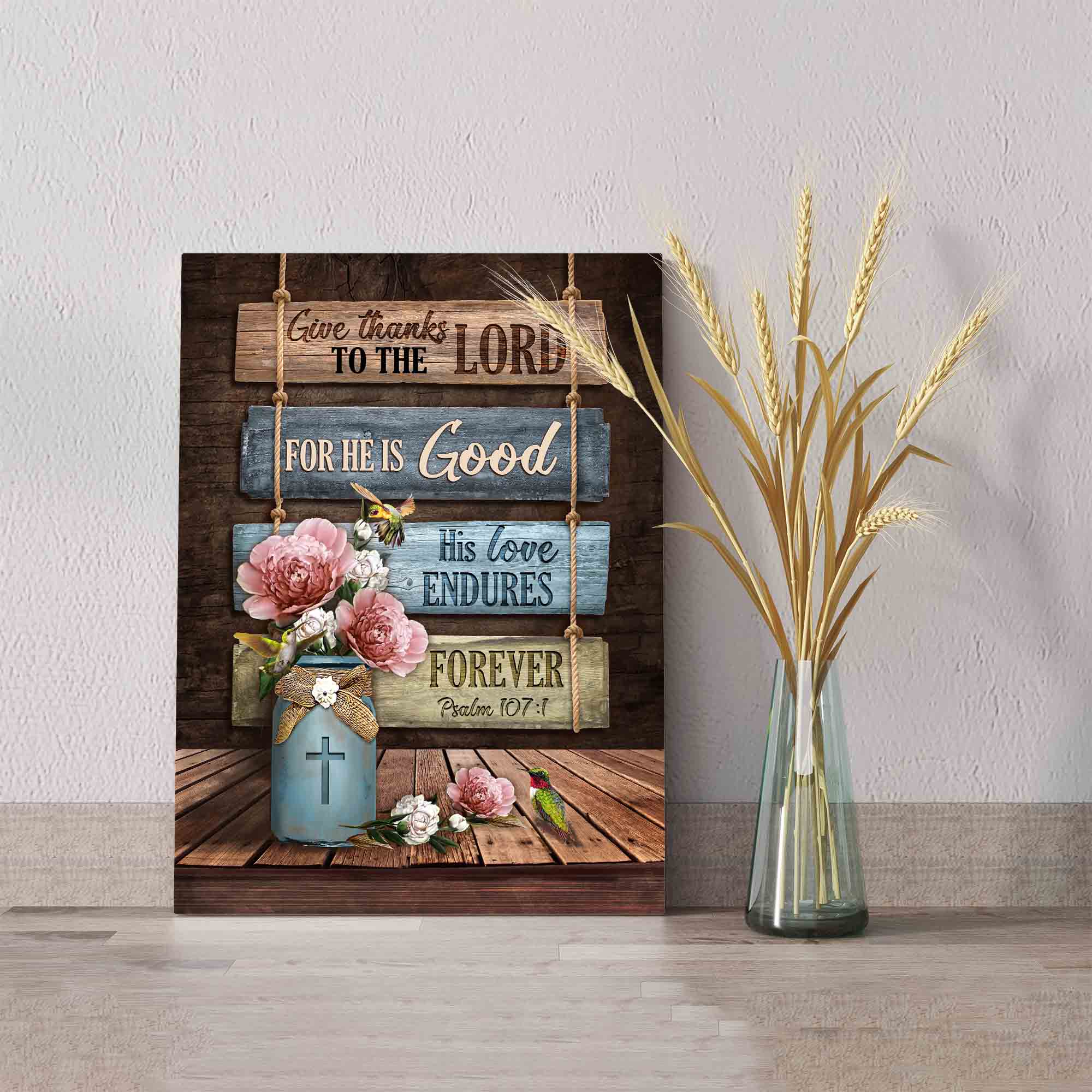 Give Thanks To The Lord Canvas, Roses Canvas, Hummingbird Canvas, Canvas Wall Art, Gift Canvas