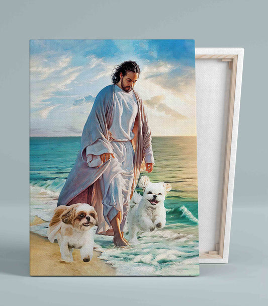 Walking With Jesus Canvas, Jesus Canvas Shih Tzu Canvas, Beach Canvas Art, Canvas Wall Art, Gift Canvas