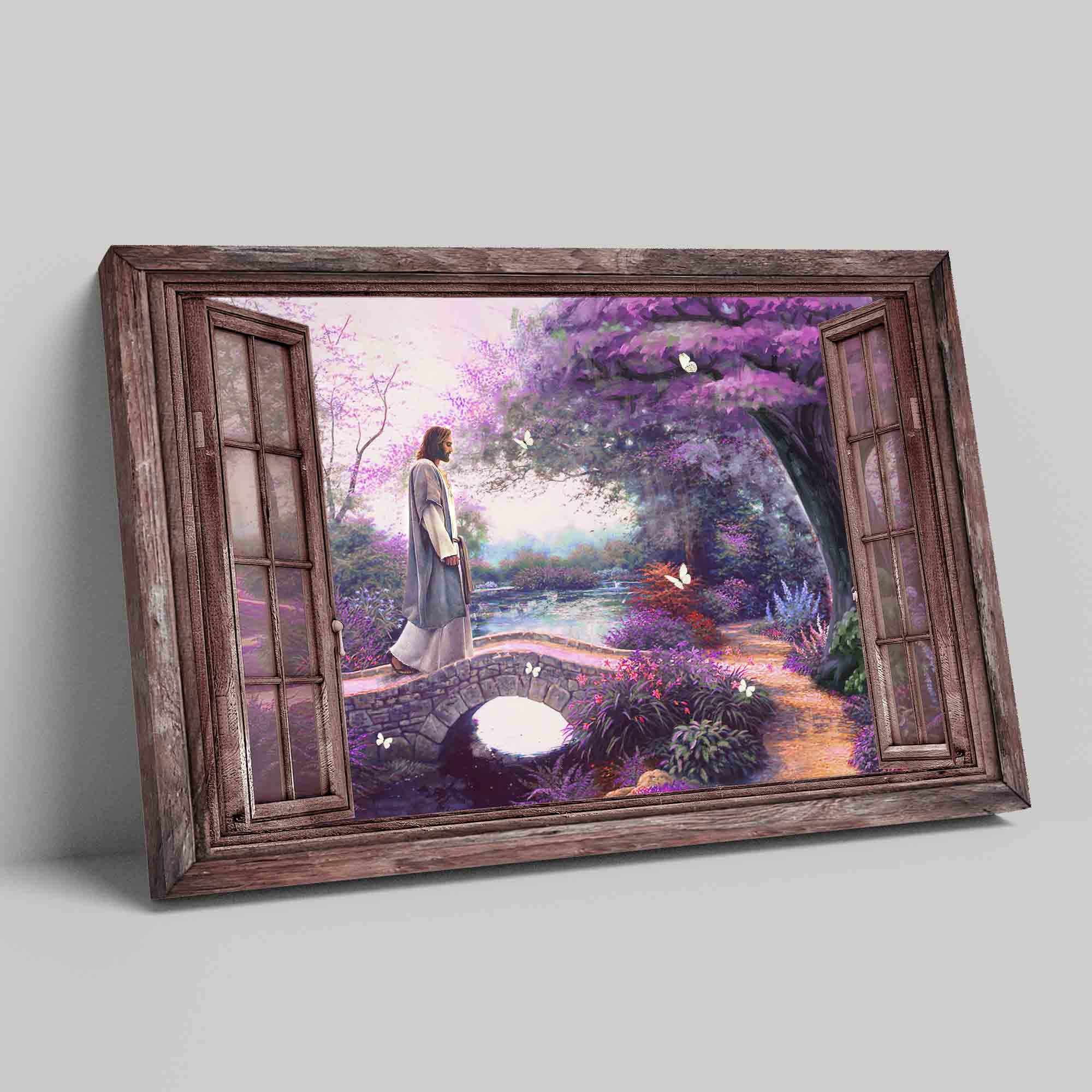 Jesus Walking On The Bridge Canvas, Purple Flower Forest Canvas, Christian Wall Art Canvas, Canvas Wall Decor, Gift Canvas