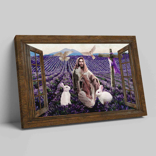 Animal With Jesus Canvas, Lavender Field Canvas, Jesus Canvas, Rabbit Canvas, Christian Wall Art Canvas, Canvas Wall Decor, Gift Canvas