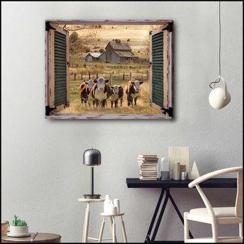 Farmhouse Window Barn With Hereford Cows Canvas Wall Art Decor - Canvas Prints