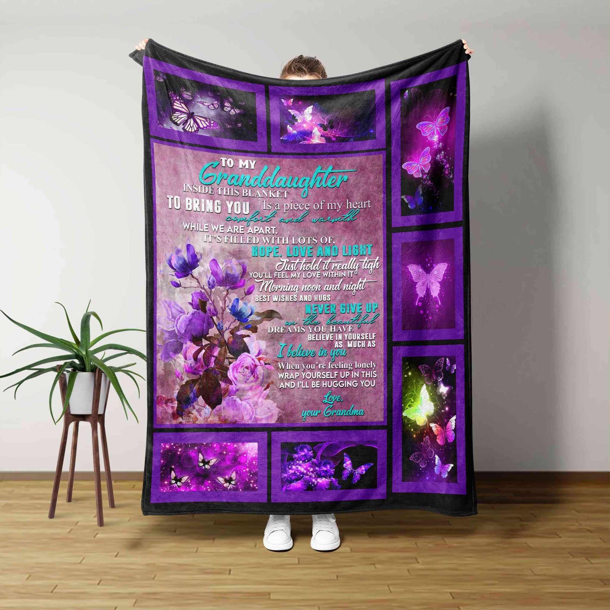 To My Granddaughter Blanket, Butterfly Blanket, Flower Blanket, Custom Name Blanket, Blanket For Gift