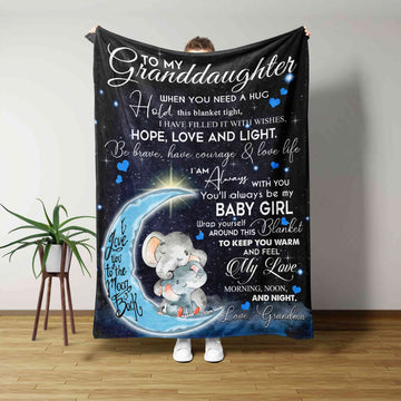 To My Granddaughter Blanket, Elephant Blanket, Moon Blanket, Custom Name Blanket, Family Blanket