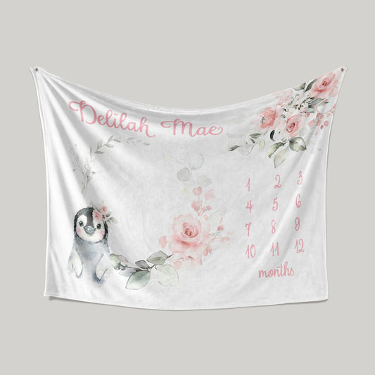 Floral Penguin Milestone Blanket, Girl Monthly Growth Blanket, Flower Blanket, Custom Name Blanket, Gift Blanket