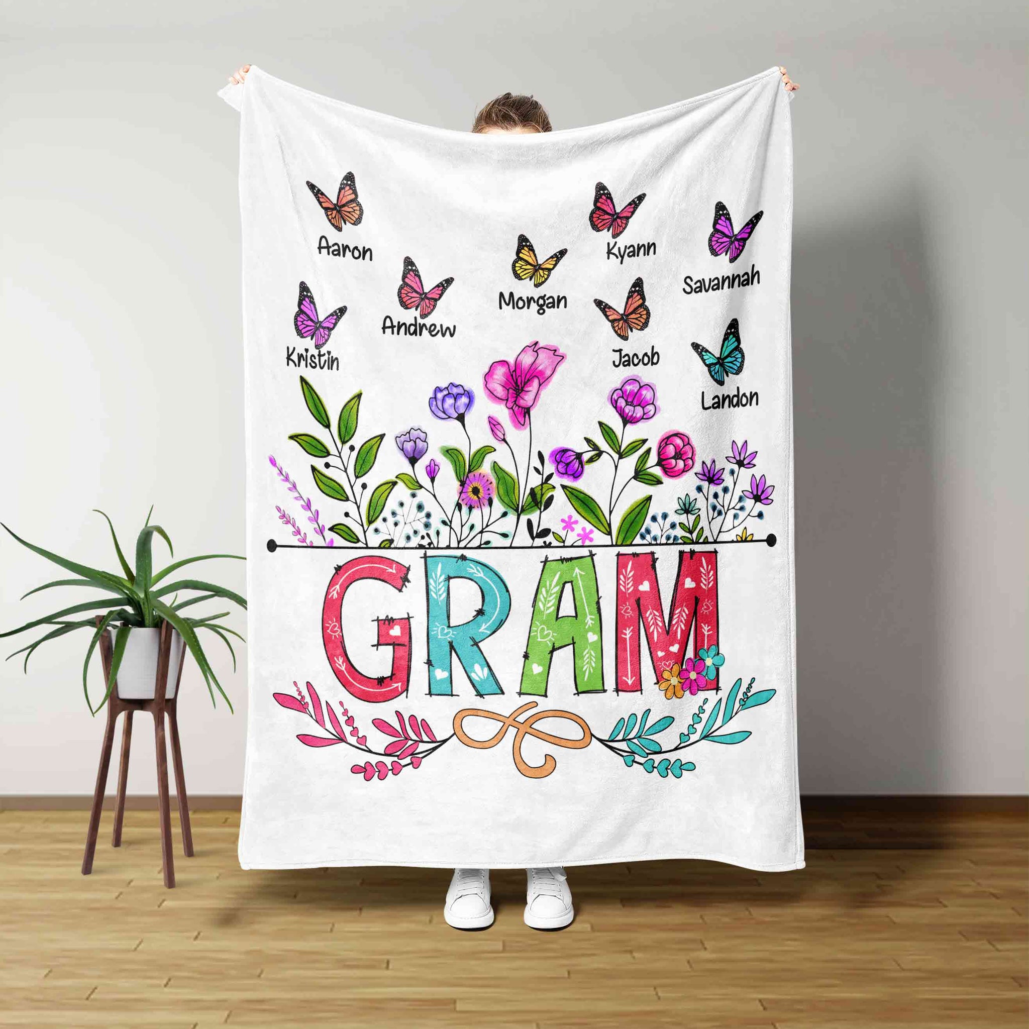 Gram Blanket, Flower Blanket, Butterfly Blanket, Family Blanket, Custom Name Blanket, Gift Blanket