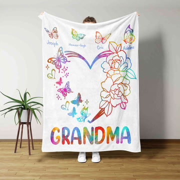 Grandma Blanket, Flower Blanket, Butterfly Blanket, Colorful Blanket, Family Blanket, Custom Name Blanket