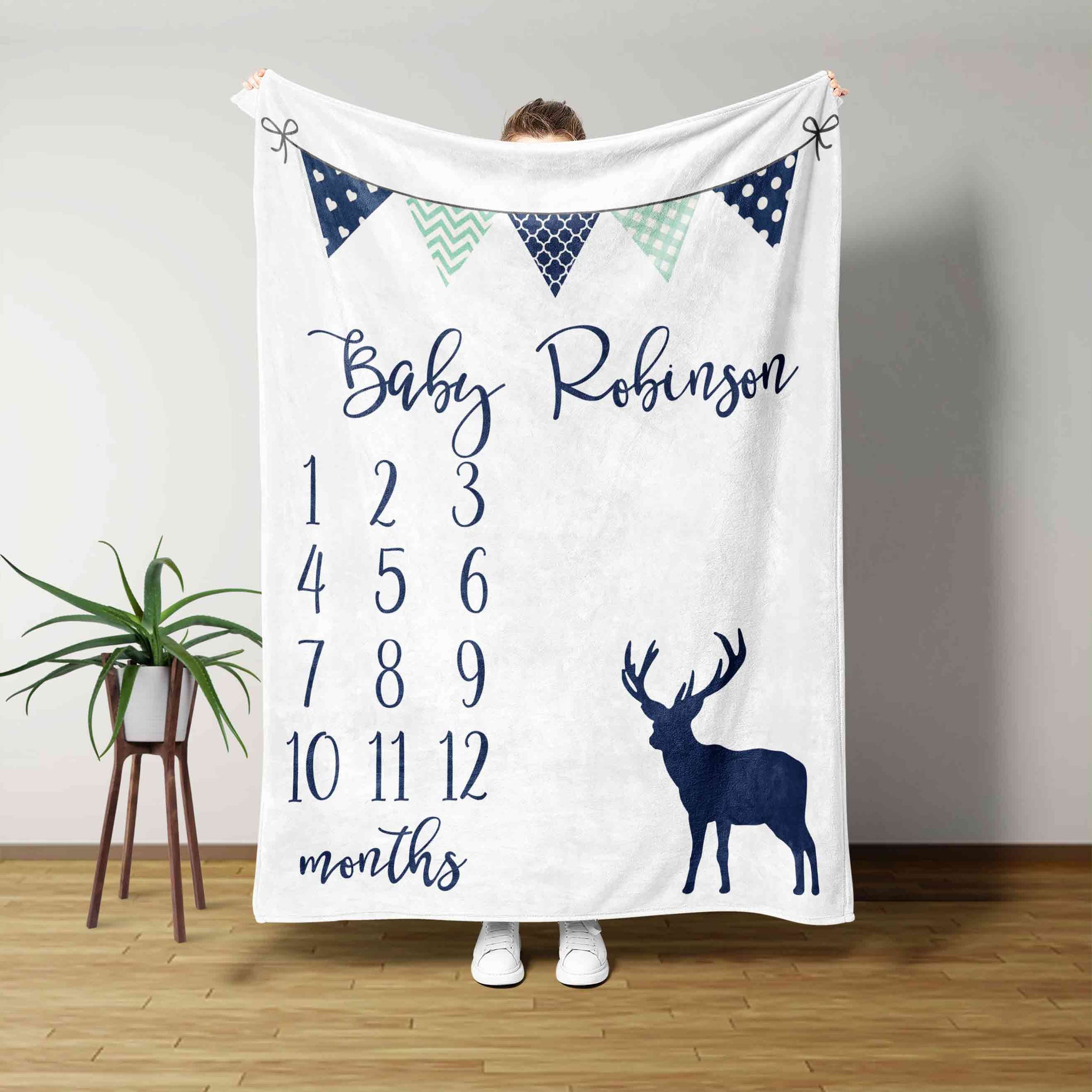 Baby Blanket, Deer Blanket, Months Blanket, Family Blanket, Custom Name Blanket, Gift Blanket