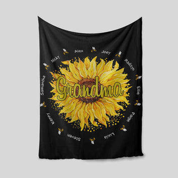 Grandma Blanket, Sunflower Blanket, Bee Blanket, Family Blanket, Custom Name Blanket, Gift Blanket