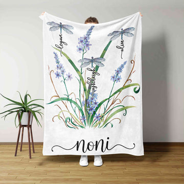 Noni Blanket, Flower Blanket, Dragonfly Blanket, Family Blanket, Custom Name Blanket, Gift Blanket