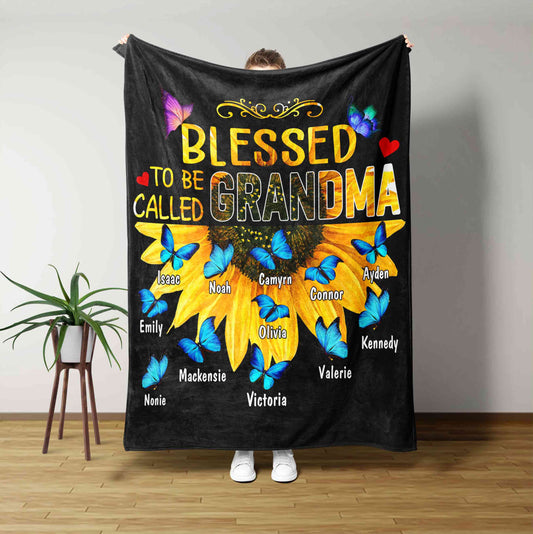 Blessed To Be Called Grandma Blanket, Sunflower Blanket, Butterfly Blanket, Family Blanket, Custom Name Blanket