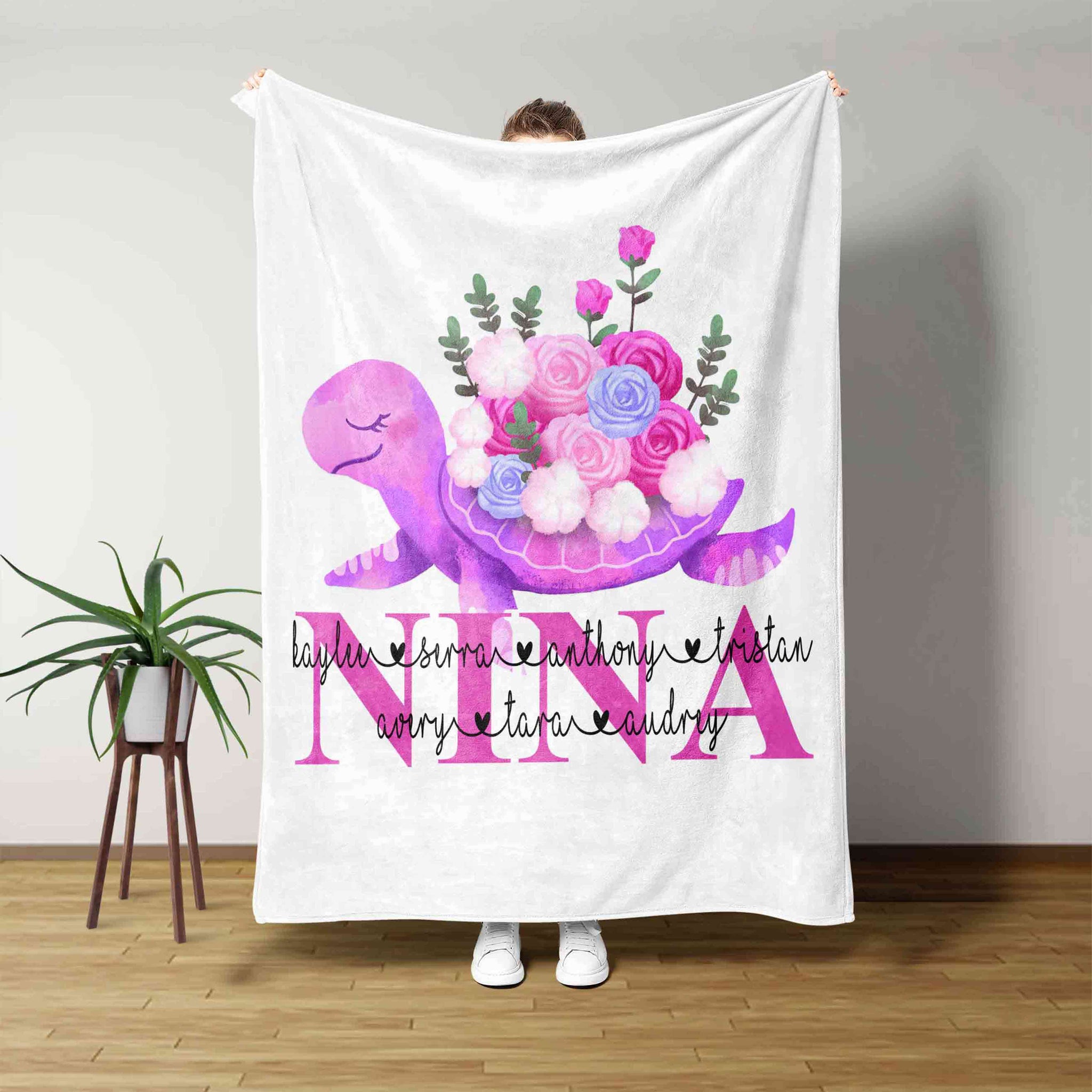 Nina Blanket, Rose Flower Blanket, Turtle Blanket, Family Blanket, Custom Name Blanket, Gift Blanket