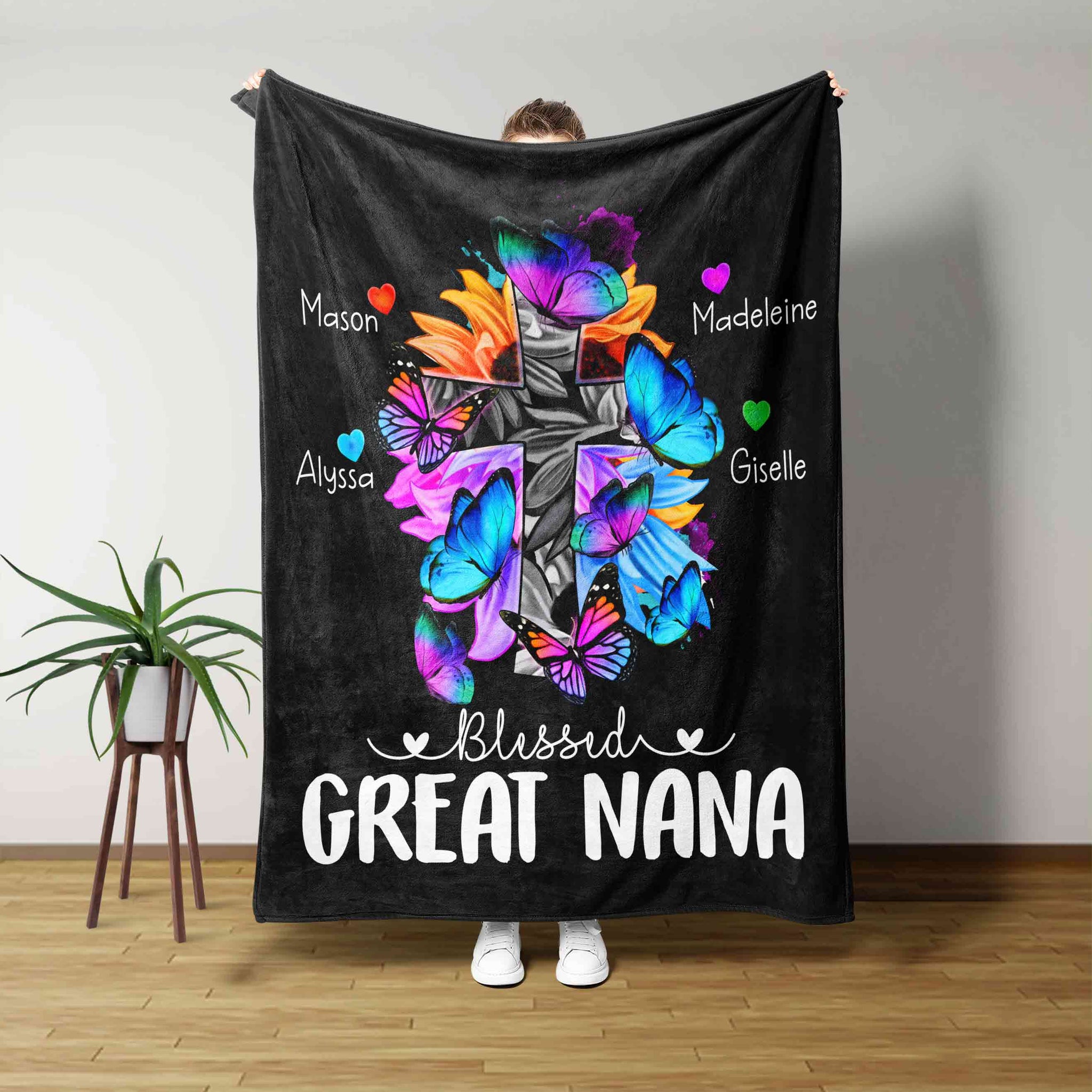 Blessed Great Nana Blanket, Butterfly Blanket, Cross Blanket, Heart Blanket, Custom Name Blanket, Gift Blanket