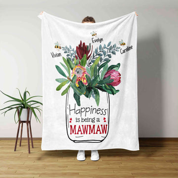 Happiness Is Being A Mawmaw Blanket, Flower Blanket, Bee Blanket, Family Blanket, Custom Name Blanket