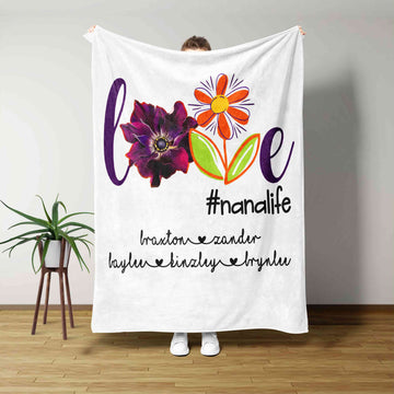 Love Nana Life Blanket, Flower Blanket, Family Blanket, Custom Name Blanket, Gift Blanket