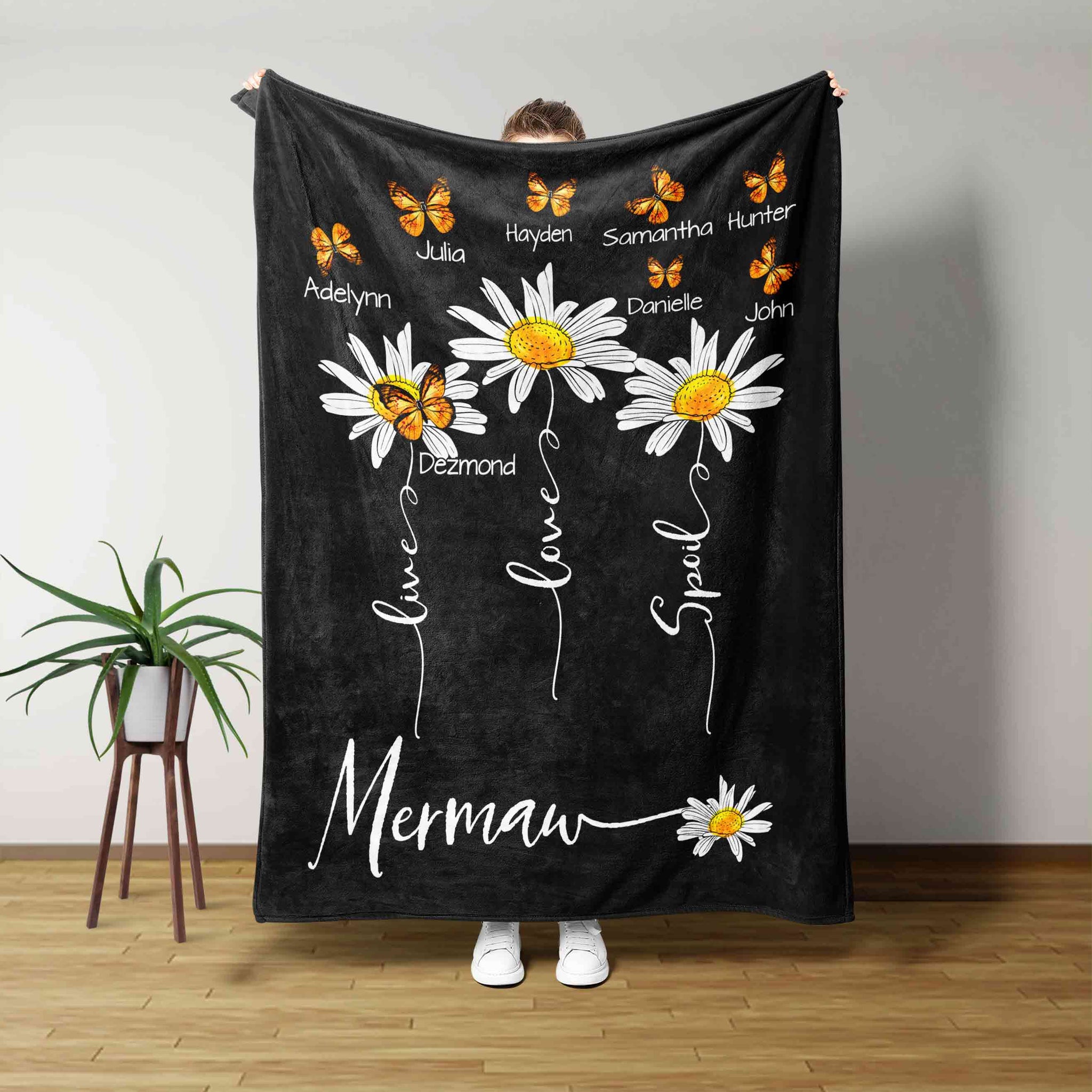 Mermaw Blanket, Daisy Flower Blanket, Butterfly Blanket, Family Blanket, Custom Name Blanket, Gift Blanket