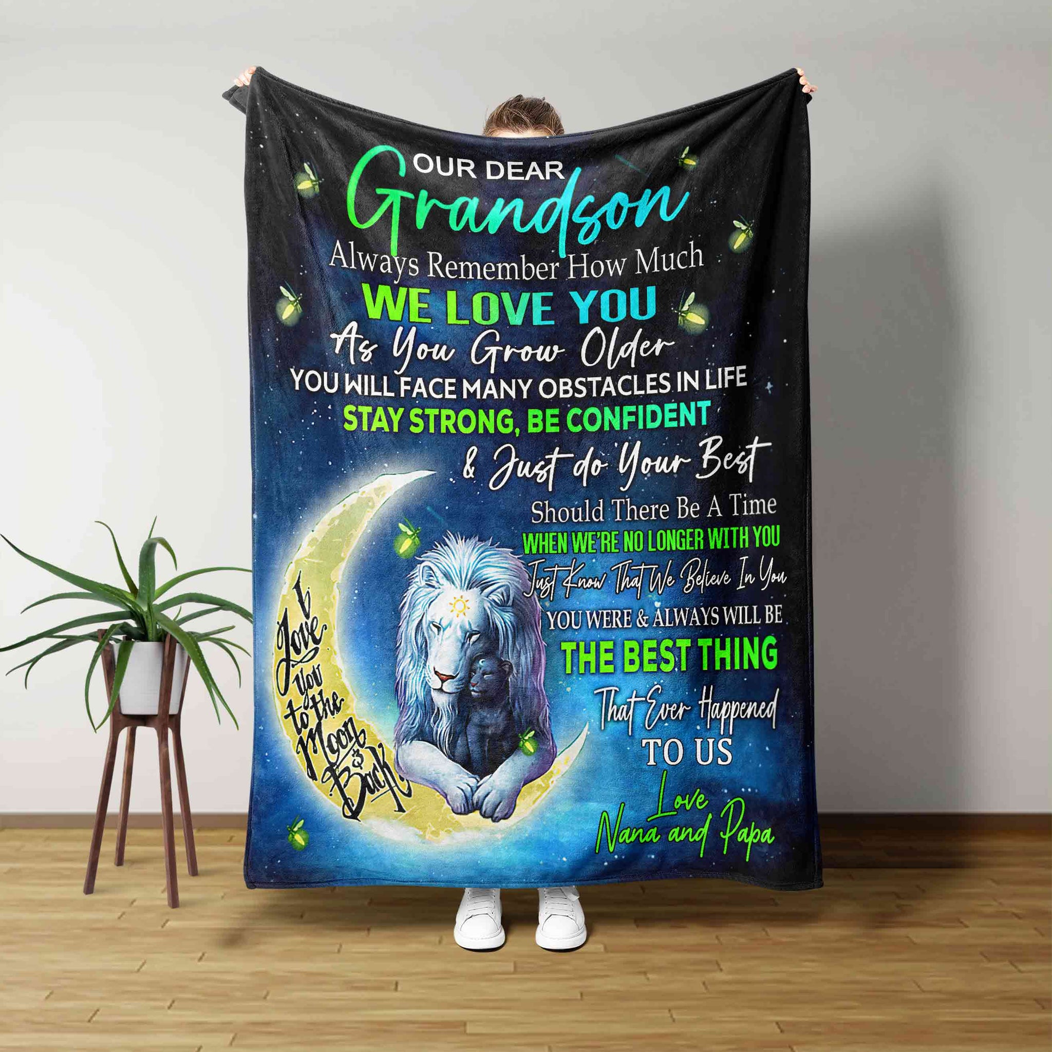 Our Dear Grandson Blanket, Lion Blanket, Moon Blanket, Family Blanket, Custom Name Blanket, Gift Blanket