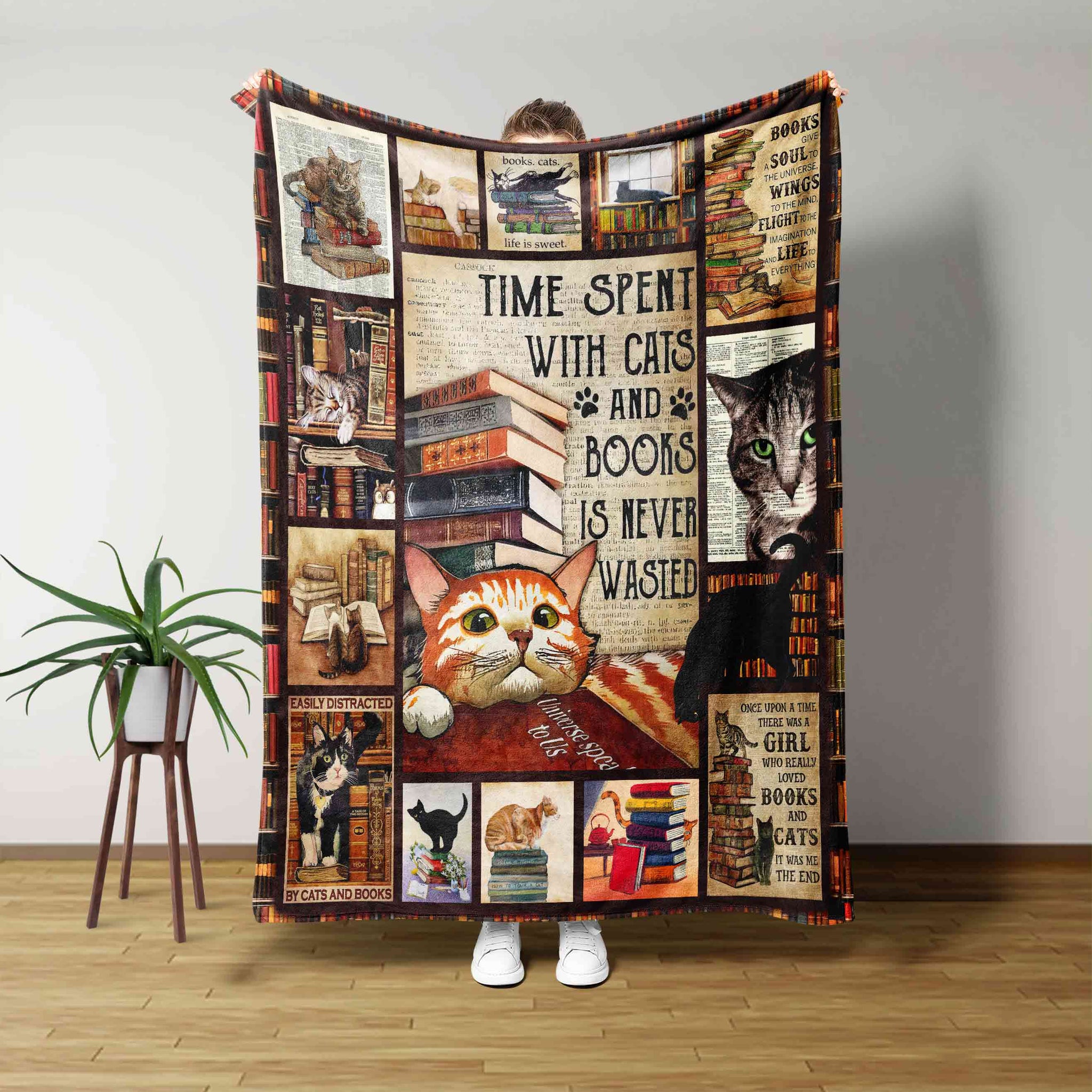 Time Spent With Cats And Books Is Never Wasted Blanket, Cat Blanket, Book Blanket, Family Blanket, Blanket For Gift