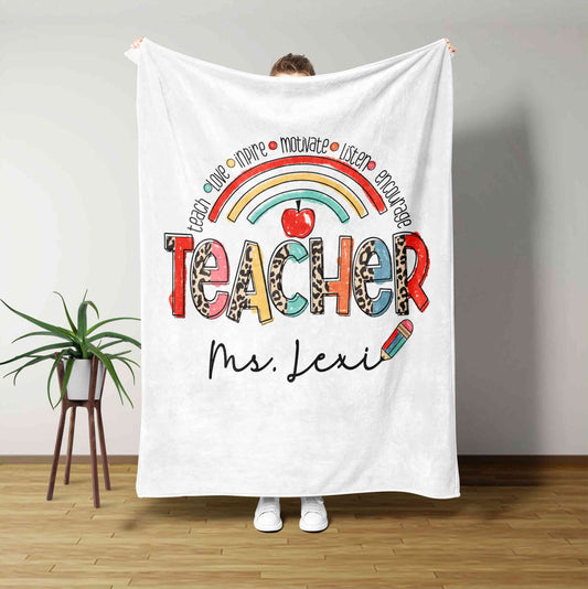Teach Love Inpire Motivate Listen Encourage Blanket, Teacher Blanket, Custom Name Blanket, Gift Blanket