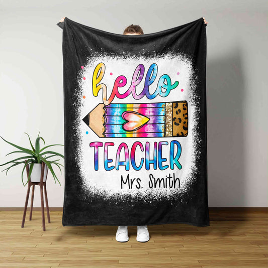 Hello Teacher Blanket, Pencil Blanket, Colorful Blanket, Custom Name Blanket, Blanket For Teacher, Gift Blanket