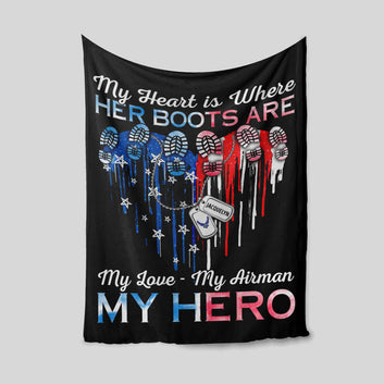 My Heart Is Where Her Boots Are My Hero Blanket, Heart American Flag Blanket, Custom Name Blanket, Gift Blanket