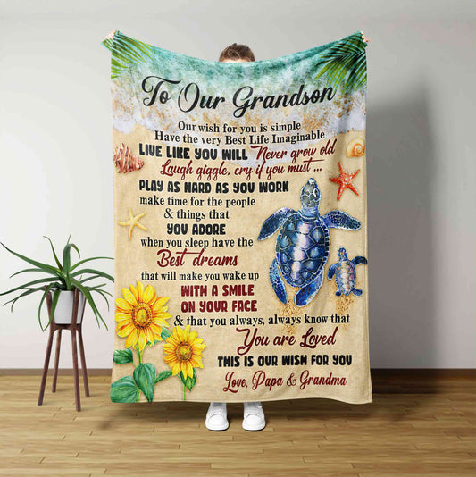 To Our Grandson Blanket, Blanket From Grandpa And Grandma, Turtle Blanket, Custom Name Blanket, Family Blanket, Gift Blanket