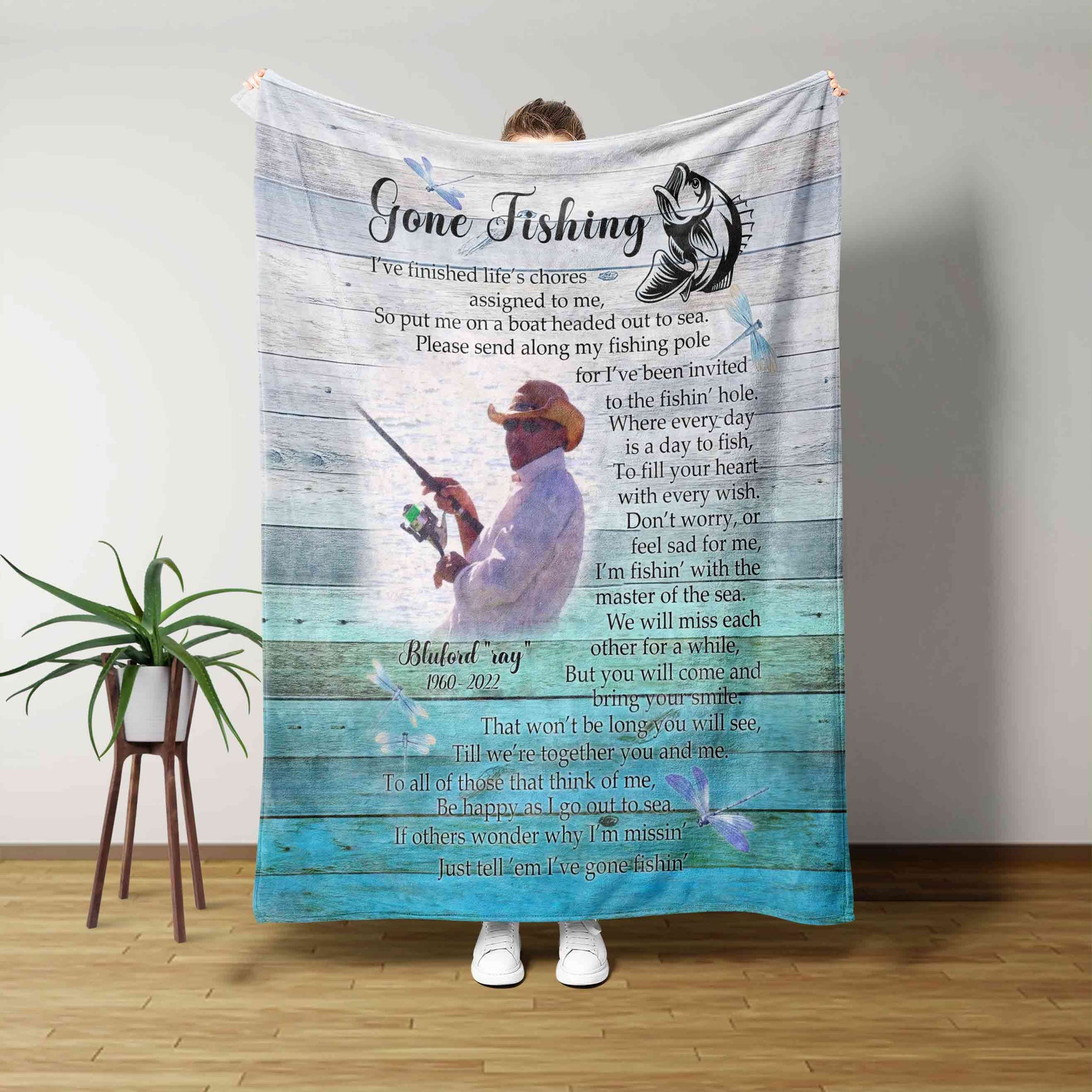 Gone Fishing Blanket, Personalized Memorial Blanket For Dad Mom In Heaven Blanket, In Loving Memory Blankets, Custom Name Blanket, Gift Blanket
