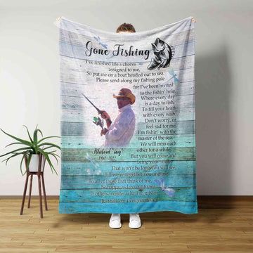 Gone Fishing Blanket, Personalized Memorial Blanket For Dad Mom In Heaven Blanket, In Loving Memory Blankets, Custom Name Blanket, Gift Blanket