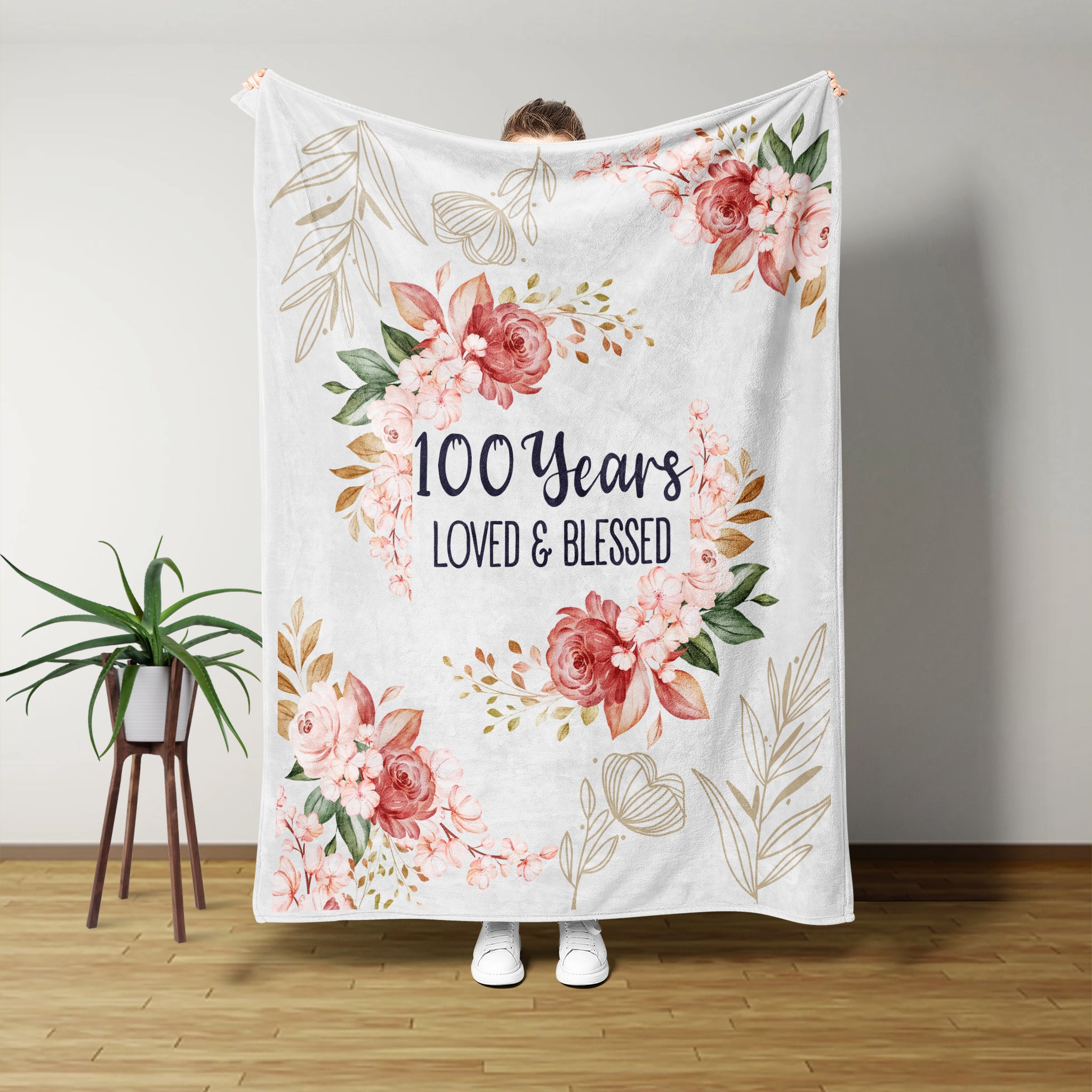 100 Years Loved & Blessed Blanket, 100th Birthday Blanket, Personalized Grandma Blanket, Flower Blanket, Gifts For Great Grandma Blanket