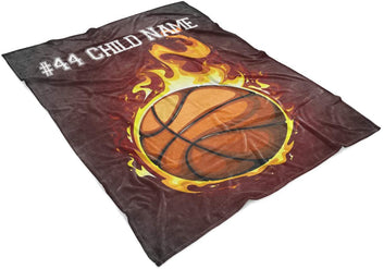 Personalized Custom Basketball on Fire Fleece and Sherpa Throw Blanket for Kids Youth Basket Ball Indoor Outdoor Blankets Boys Girls Toddler Mini Hoop Fans...
