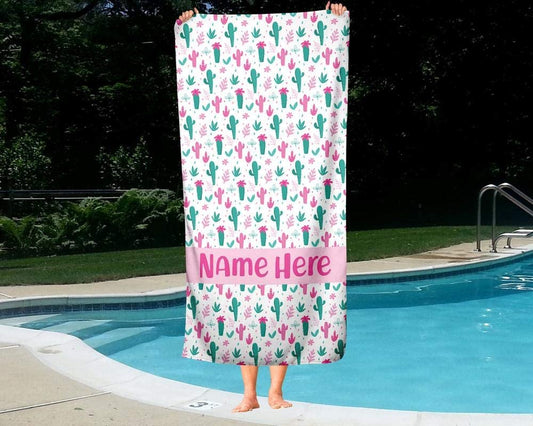 Extra Large Personalized Pink Cactus Llama Pattern Towel for Kids - Oversized Custom Travel Beach Pool and Bath Towels for Adults Toddler Baby Boys Girls