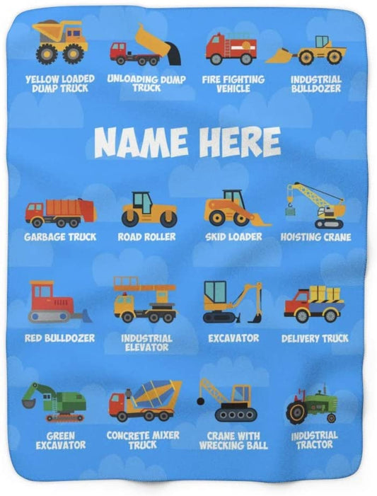 Personalized Custom Name Dump Truck Bulldozer Fleece and Sherpa Throw Blankets for Boys Girls Kids Baby Toddler Construction Trucks Tractor Firetruck Garbage