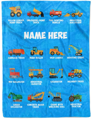 Personalized Custom Name Dump Truck Bulldozer Fleece and Sherpa Throw Blankets for Boys Girls Kids Baby Toddler Construction Trucks Tractor Firetruck...