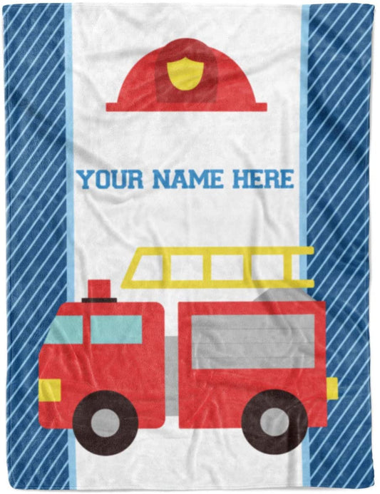 Personalized Custom Firetruck Fleece and Sherpa Throw Blanket for Boys, Girls, Kids, Baby - Toddler Fire Truck Blankets Perfect for Bedtime, Bedding, Crib...