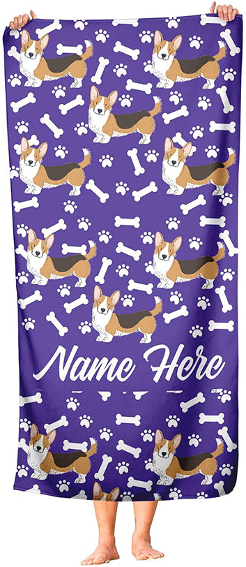 Extra Large Personalized Pet Corgi Towel for Men, Women, Kids, Babies - Oversized Custom Travel Beach Pool and Bath Towels for Adults Toddler Baby Boys Girls
