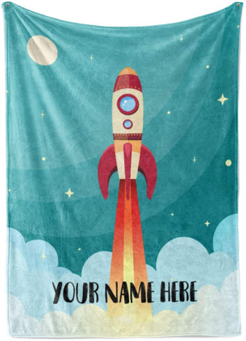 Personalized Kids Rocket Launch Space Theme Fleece Blanket - Boys Girls Toddler Baby Throw Blanket Perfect for Travel, Portable, Nursery