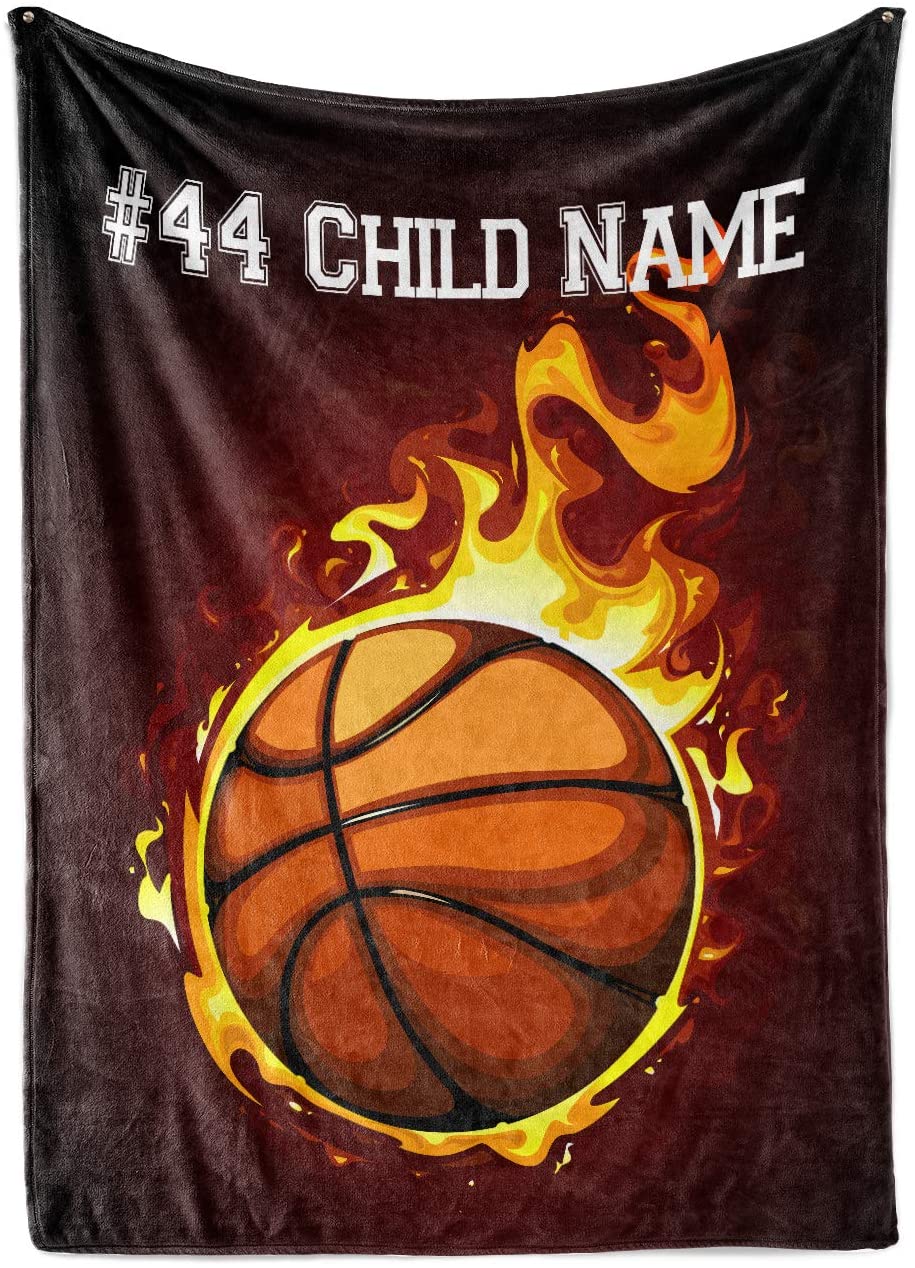 Personalized Custom Basketball on Fire Fleece and Sherpa Throw Blanket for Kids Youth Basket Ball Indoor Outdoor Blankets Boys Girls Toddler Mini Hoop Fans...