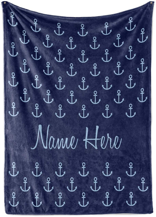 Personalized Fleece Blanket - Custom Throw Blankets for Adults Men Women Kids - Nautical Theme Navy Blue Anchor