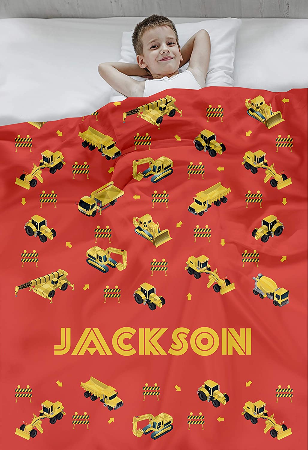 Personalized Custom Cozy Plush Fleece Blanket (Construction Vehicles Red), Ships from US - Add Your Name - Customizable Throw Keepsake Blanket Babies, Boys,...