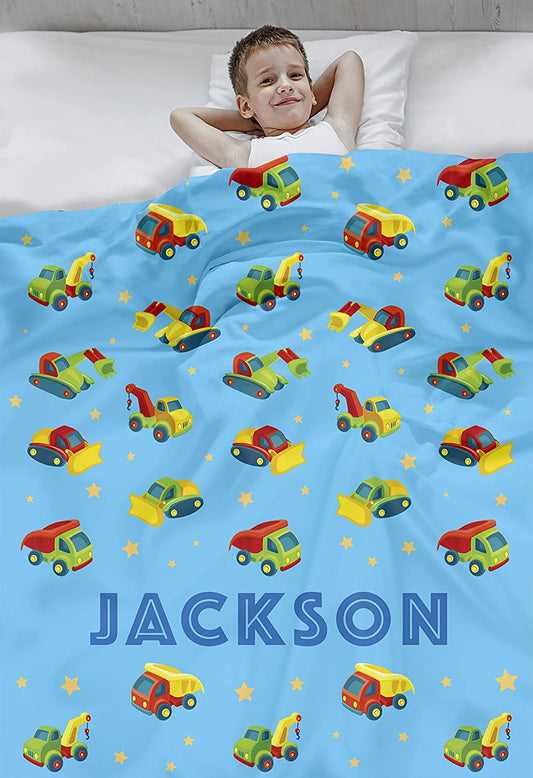 Personalized Custom Cozy Plush Fleece Blanket (Construction Vehicles Blue), Ships from US - Add Your Name - Customizable Throw Keepsake Blanket Babies, Boys...