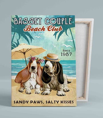 Basset Couple Canvas, Beach Club Canvas, Dog Canvas, Sandy Paws Canvas, Salty Kisses Canvas, Dog Canvas, Canvas Wall Art