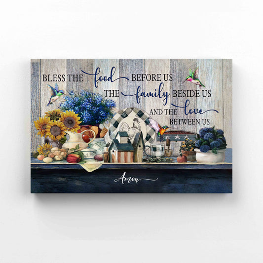 Bless The Food Before Us Canvas, Hummingbird Canvas, Sunflower Canvas, Flowers Canvas, Kitchen Canvas