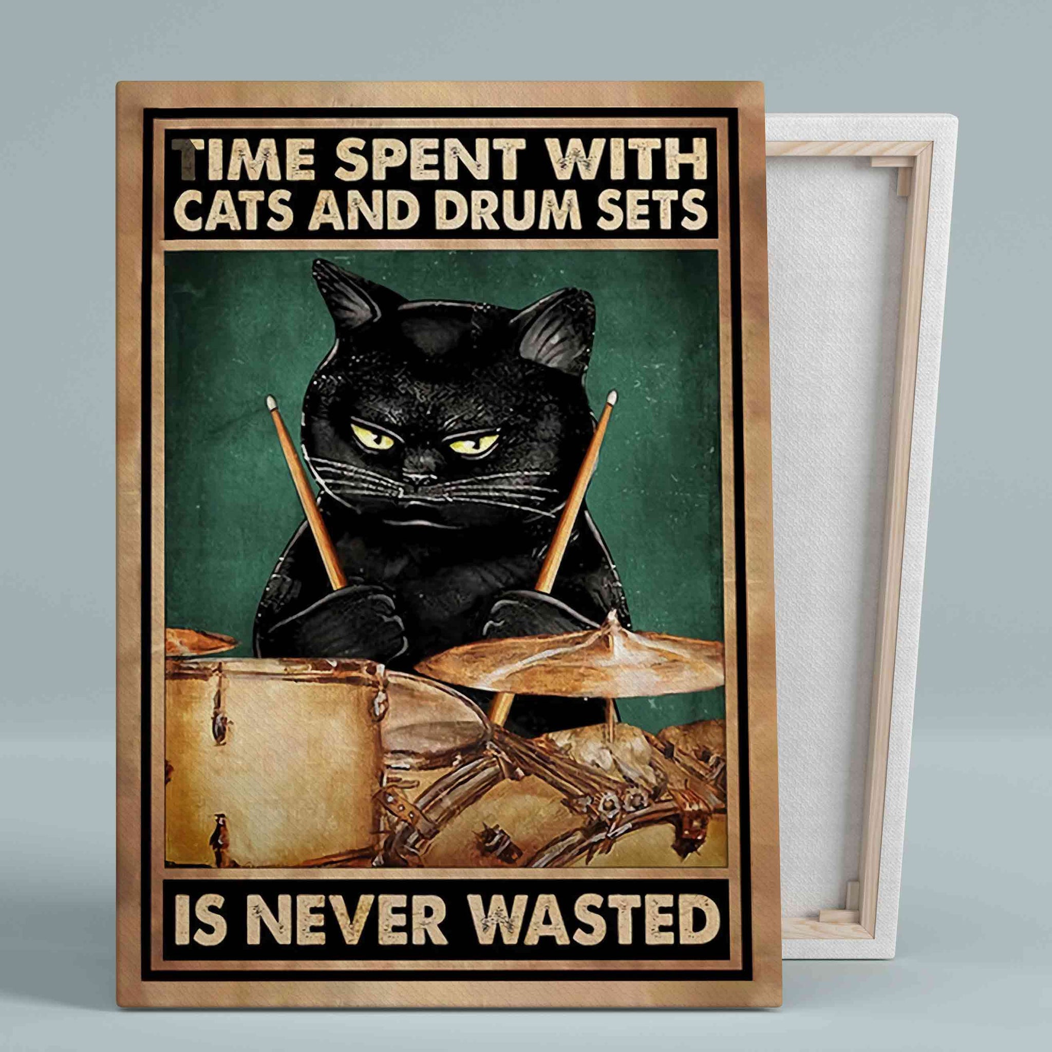 Cats And Drum Sets Canvas, Black Cat Canvas, Drum Sets Canvas, Wall Art Canvas, Gift Canvas