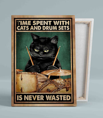 Cats And Drum Sets Canvas, Black Cat Canvas, Drum Sets Canvas, Wall Art Canvas, Gift Canvas
