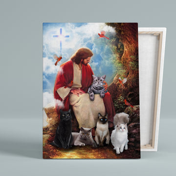 Christ And Cats Canvas, Red Cardinal Canvas, Cross Canvas, God Canvas, Wall Art Canvas