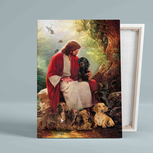 Christ And Dachshunds Canvas, Red Cardinal Canvas, Cross Canvas, God Canvas, Wall Art Canvas