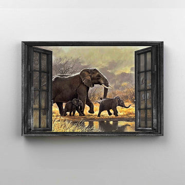Elephants Canvas, Rustic Window Canvas, Wall Art Canvas, Gift Canvas