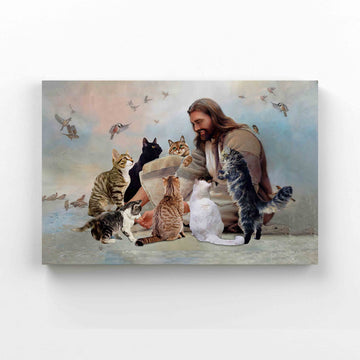 God Surrounded By Cats Angels Canvas, Jesus Canvas, Cat Canvas, God Canvas, Pet Canvas, Canvas Wall Art