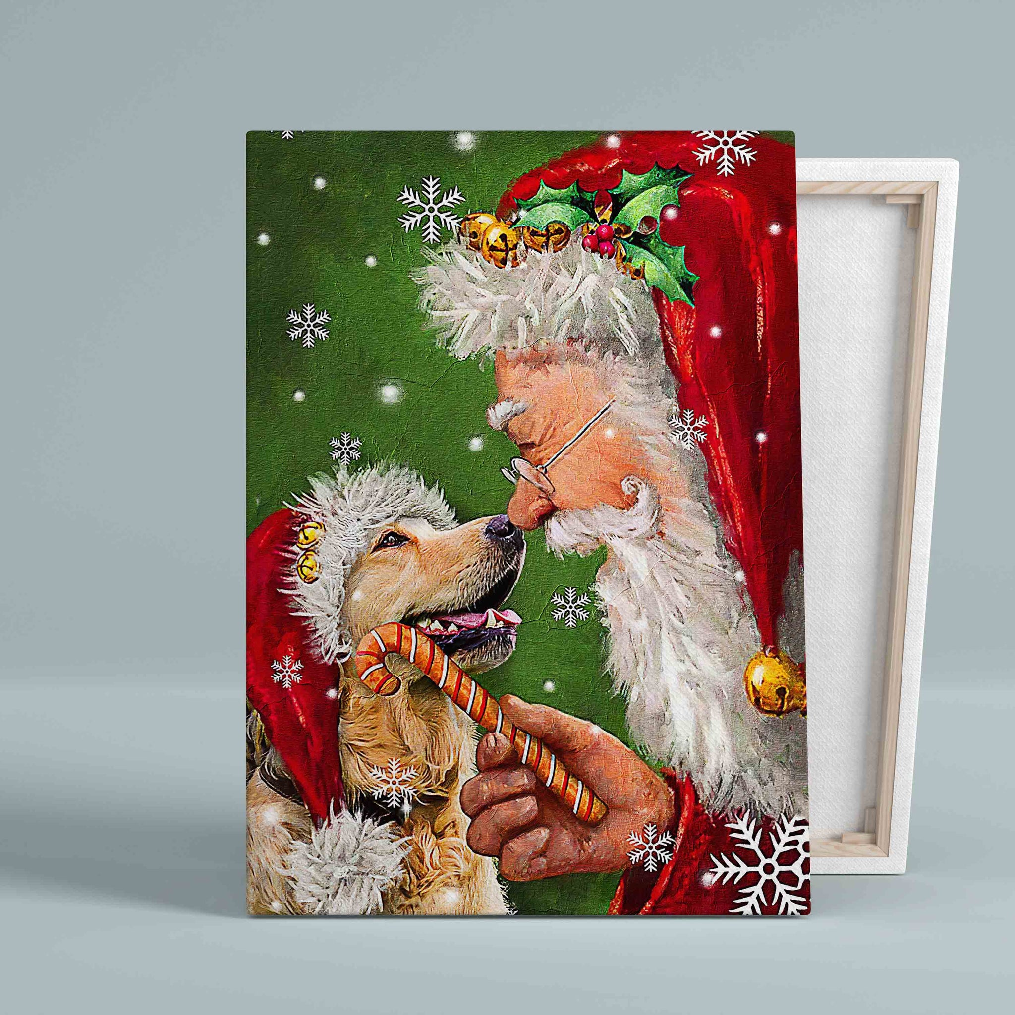 Golden Retriever And Santa Canvas, Christmas Canvas, Dog Canvas, Snowflake Canvas, Wall Art Canvas