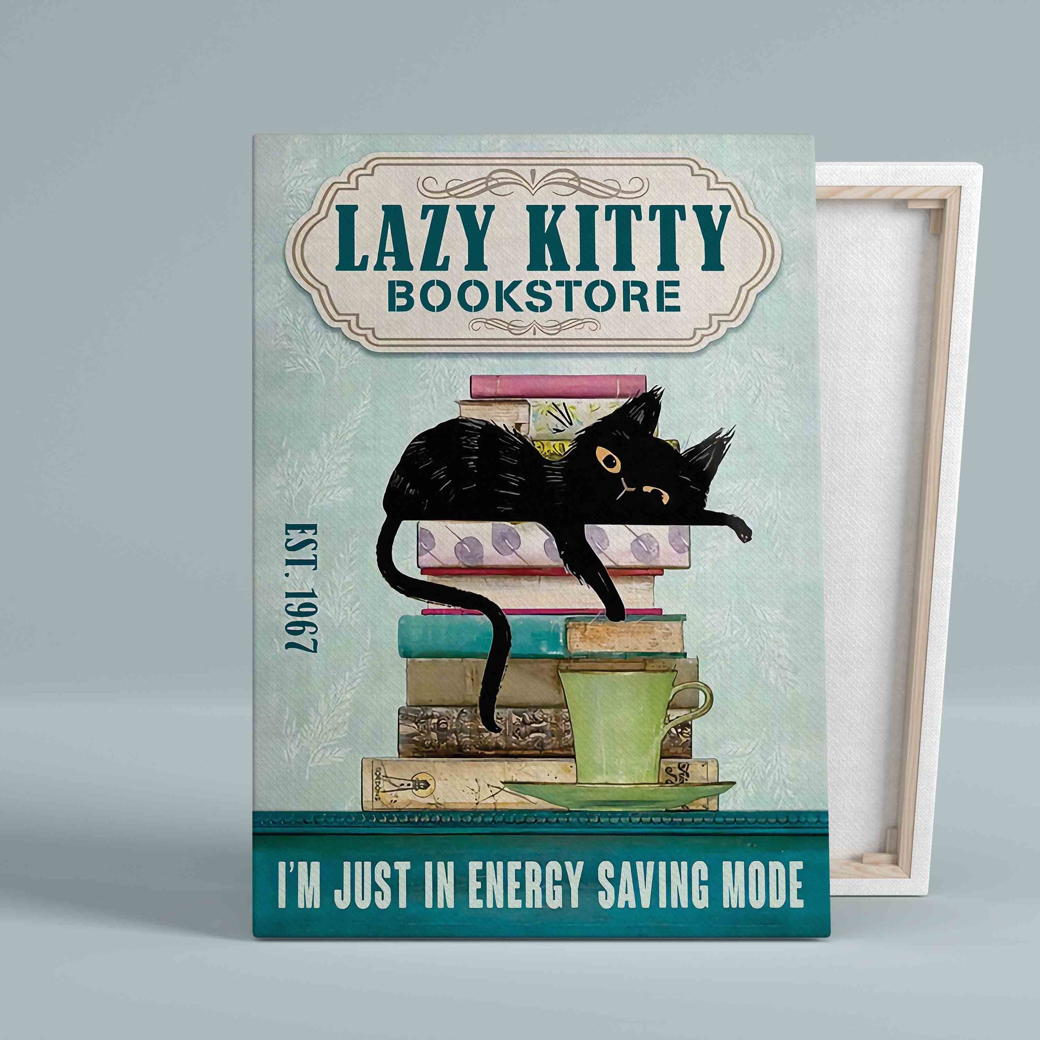Lazy Kitty Bookstore Canvas, Lazy Kitty Canvas, Black Cat Canvas, Wall Art Canvas, Gift Canvas