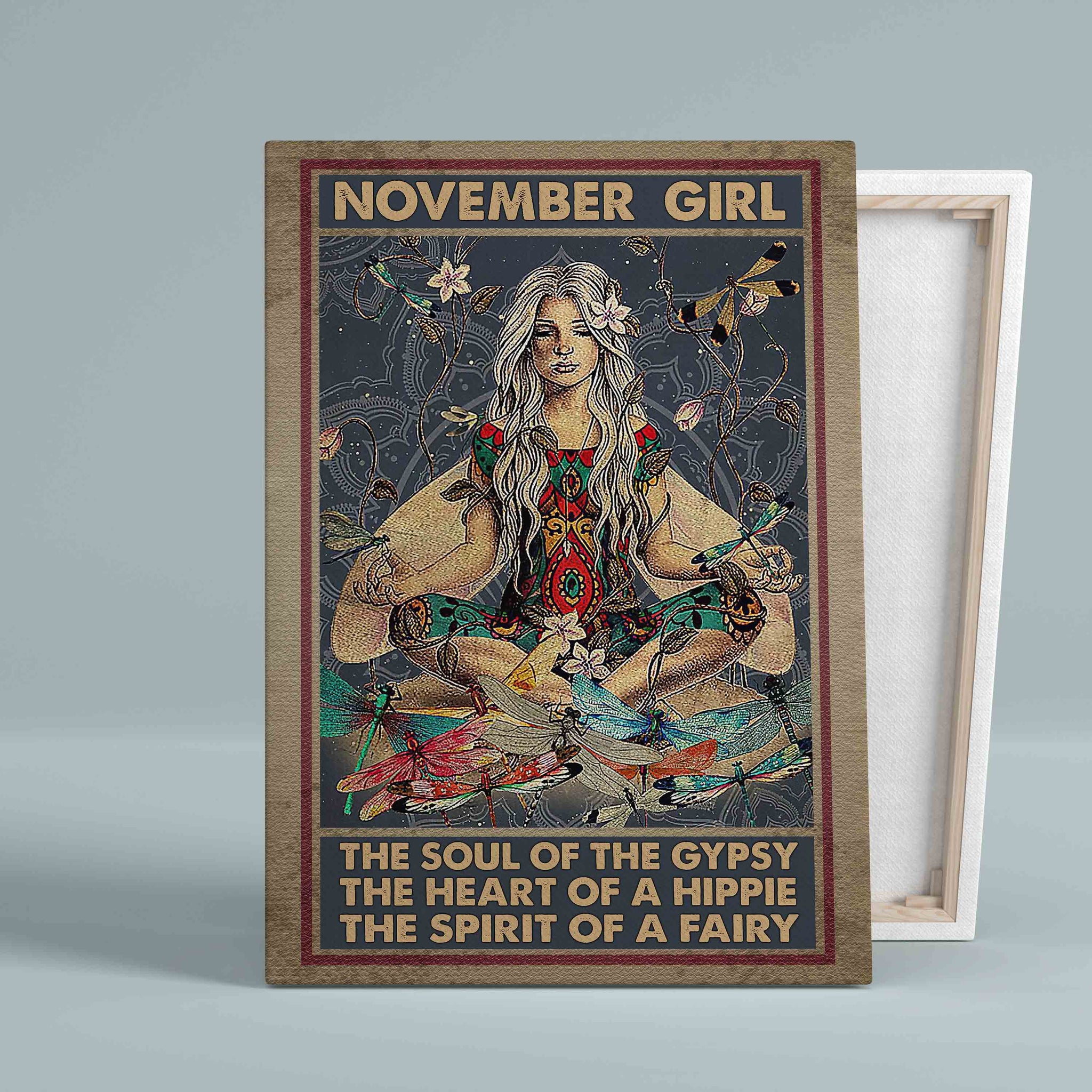 November Girl Canvas, Sukhasana Pose Canvas, Yoga Canvas, Dragonfly Canvas, Birthday Canvas